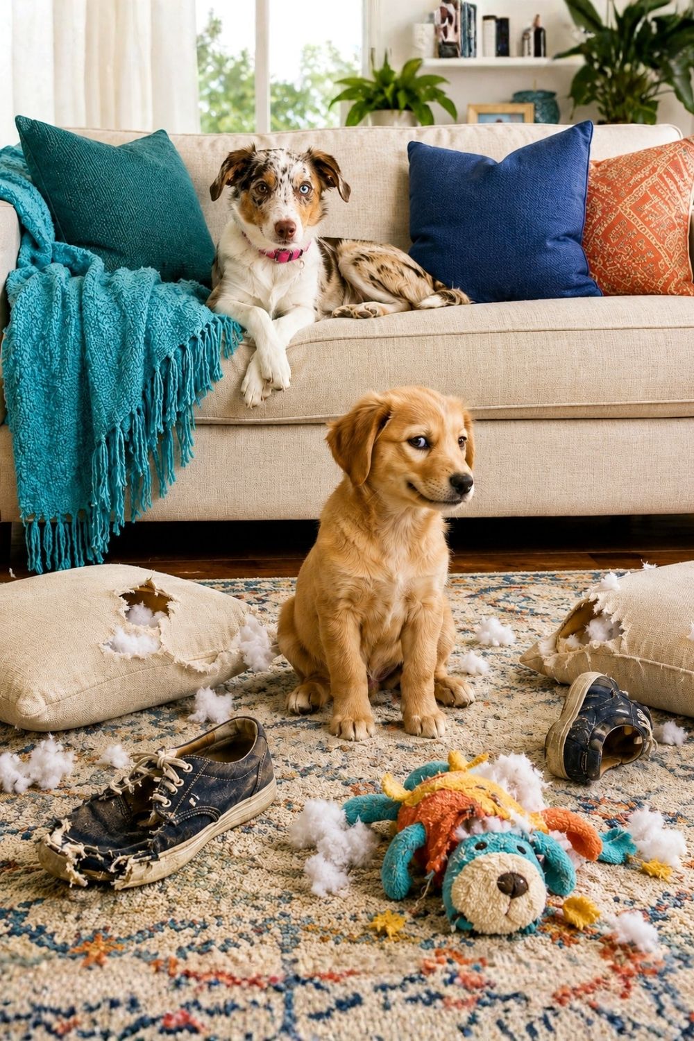 Claire watches from the couch while a mischievous puppy sits with chewed cushions, shoes and a shredded stuffed animal.