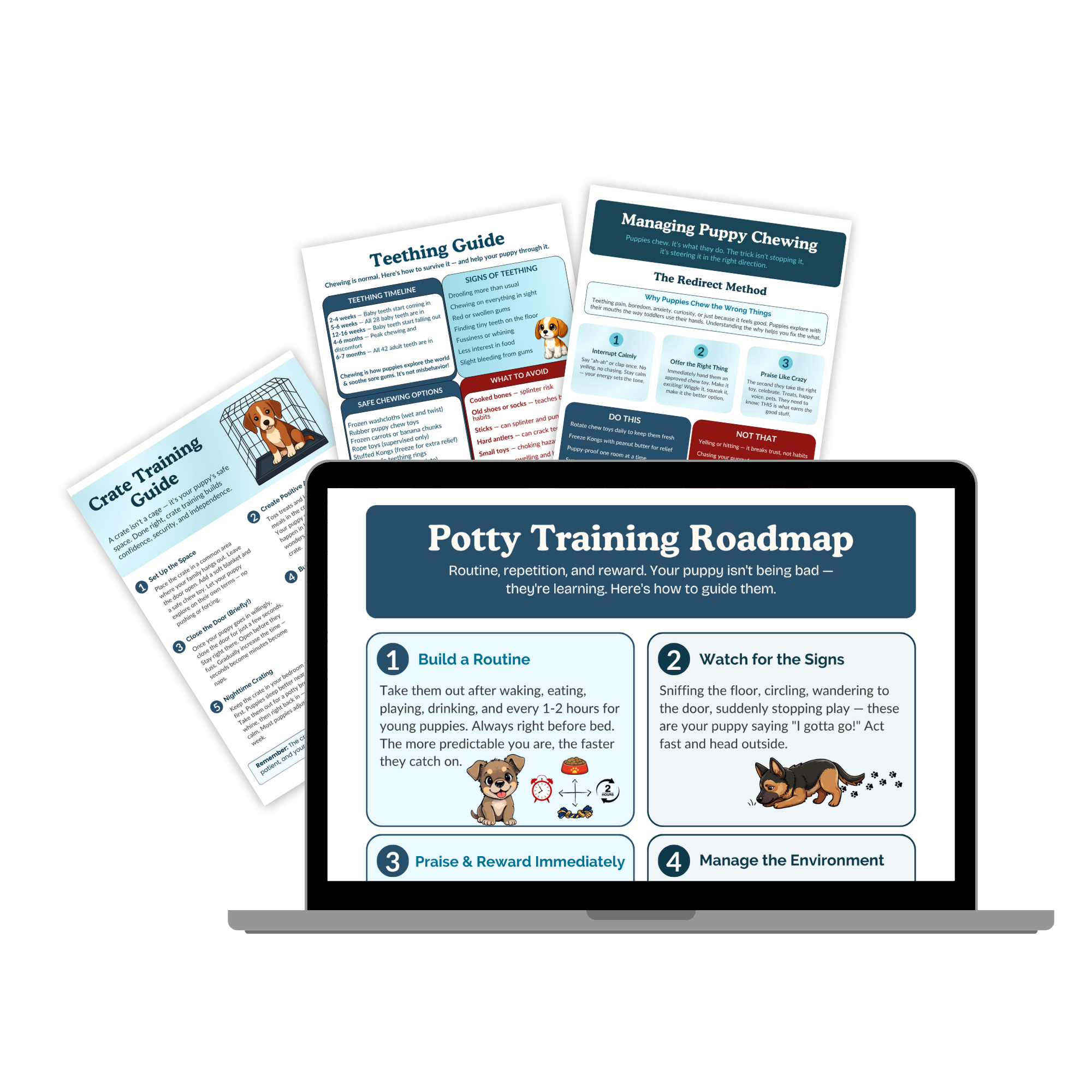 Raising My Puppy planner pages shown on a laptop screen alongside printed guide pages
