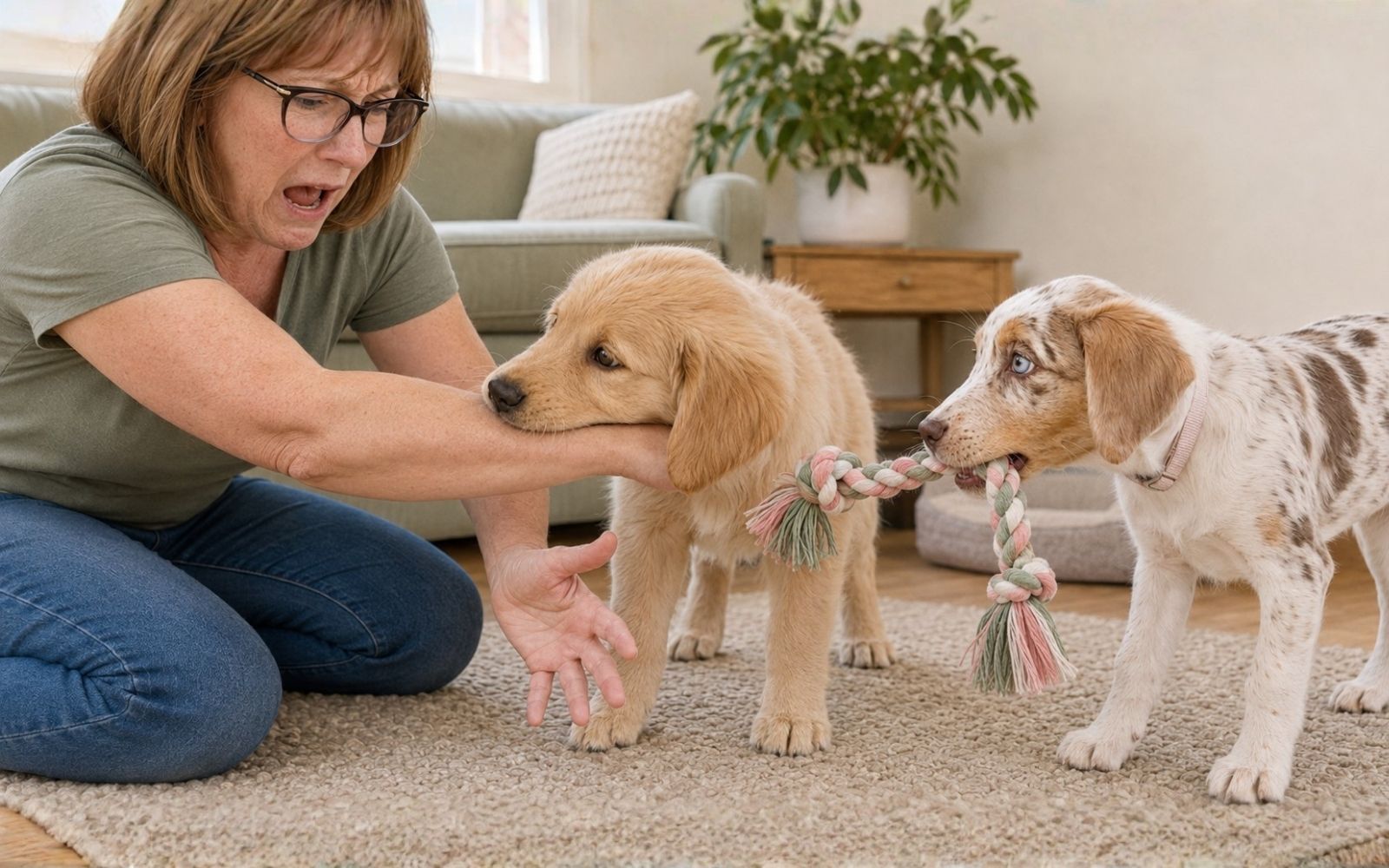 Puppy owner redirecting puppy biting toward a rope toy
