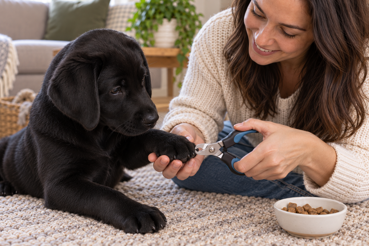 Woman preparing to clip only the tip of a black Lab puppy’s nail while the puppy remains calm.
