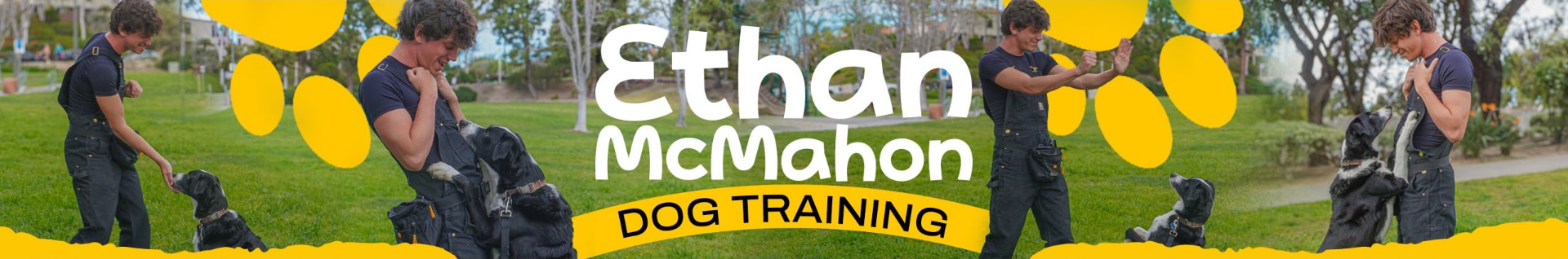 Ethan McMahon Dog Training YouTube channel banner featuring Ethan training with a black-and-white dog