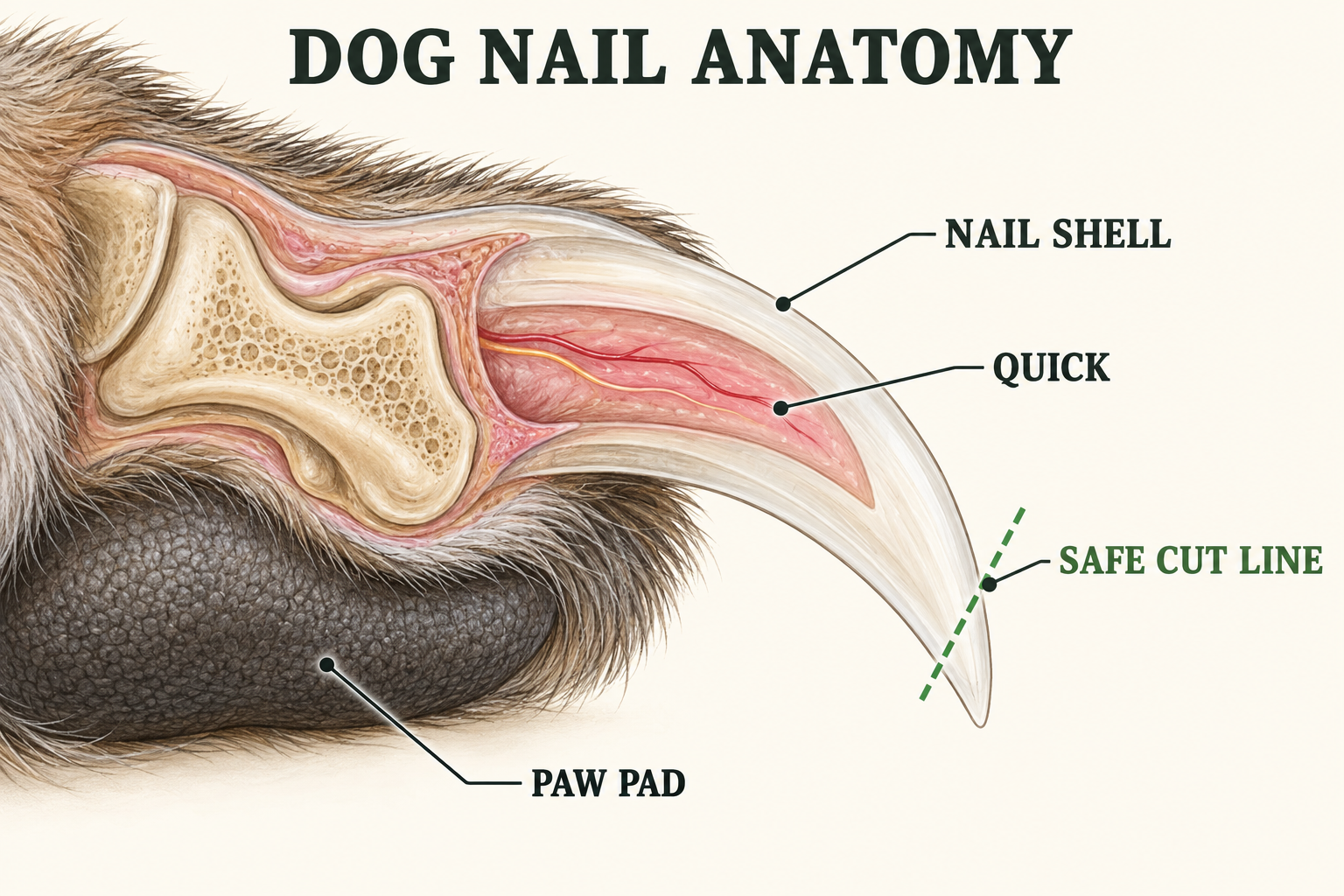Cross-section of a dog’s toenail showing the nail shell, quick, paw pad, and safe cutting line in front of the quick.