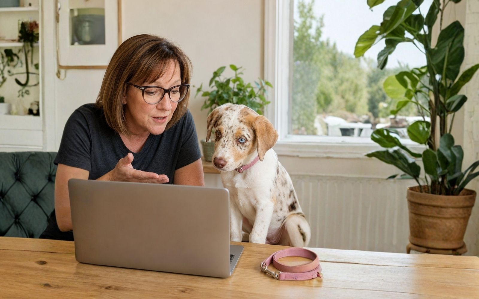 Puppy owner using online puppy help with her puppy