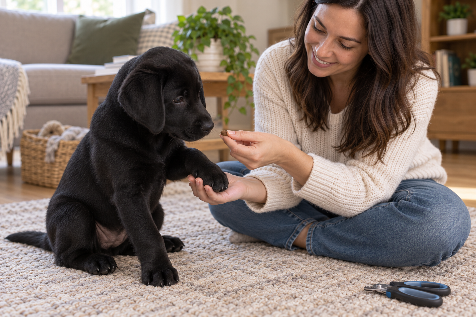 Woman briefly supporting a black Lab puppy’s front paw while offering a training treat.