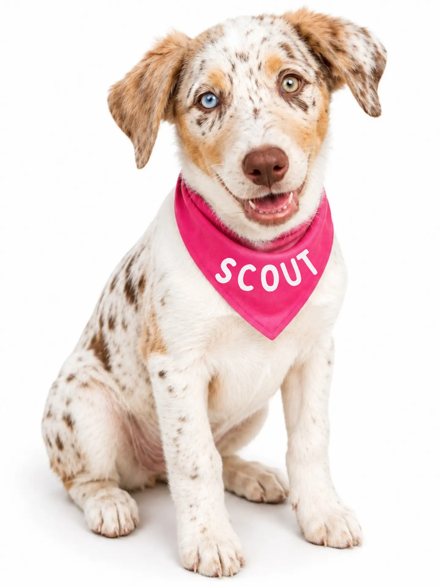 Scout, the Raising My Puppy mascot, wearing a pink bandana with her name on it