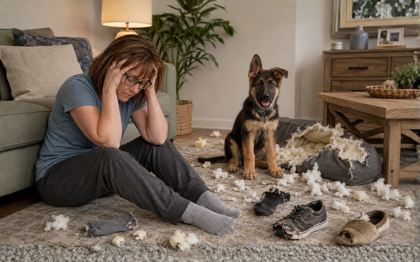 Overwhelmed puppy owner dealing with a difficult puppy day