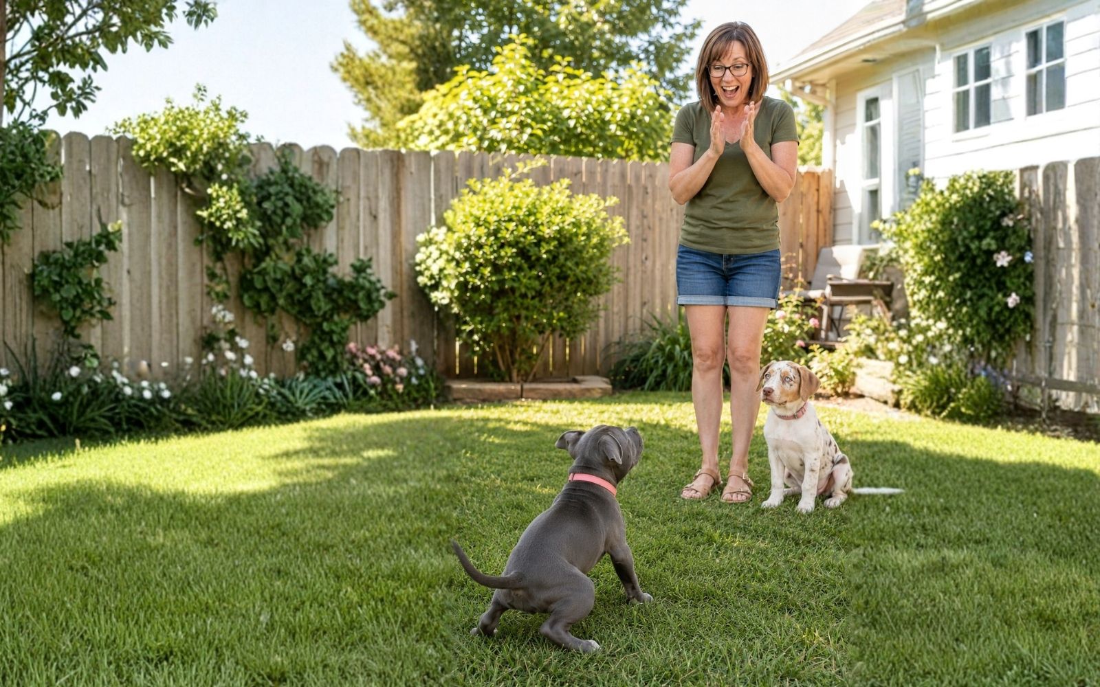 Puppy owner praising puppies during outdoor potty training