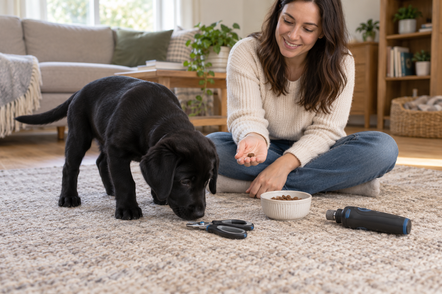 Black Lab puppy calmly investigating nail clippers and a nail grinder during the first step of the Puppy Nail Trimming Game.