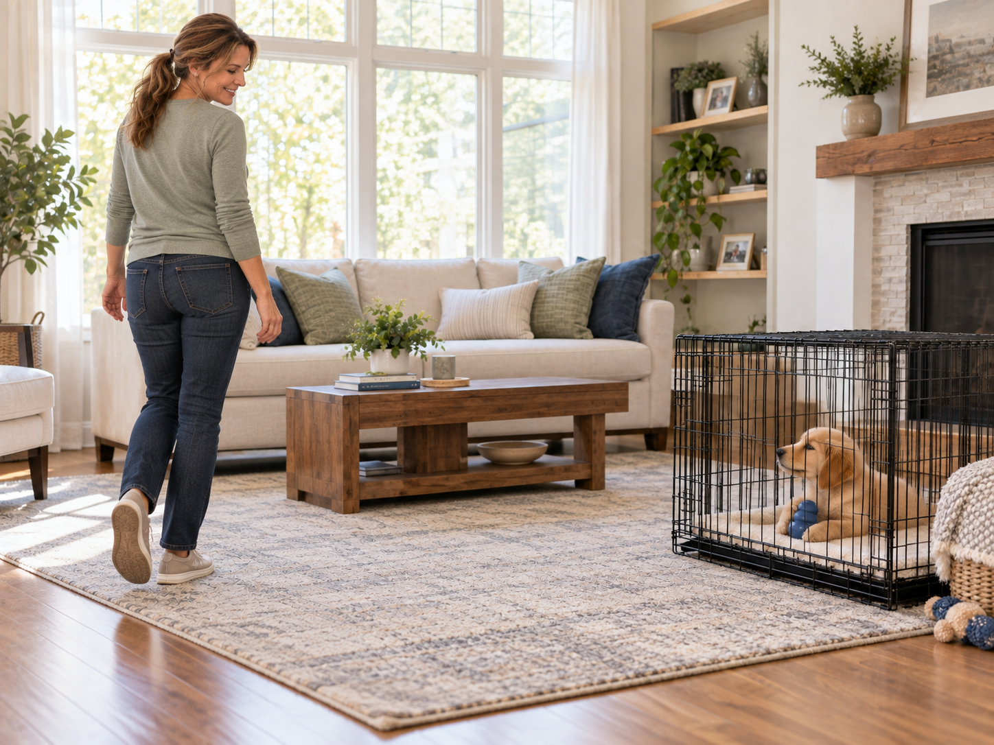 Woman stepping away from a crate while a golden retriever puppy remains relaxed inside.